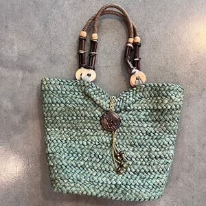 Sun N Sand green straw woven beaded bucket Boho handbag purse vacation bag